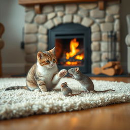 A warm and inviting living room scene featuring a cozy soft rug placed near a crackling fireplace