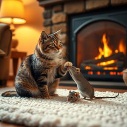 A warm and inviting living room scene featuring a cozy soft rug placed near a crackling fireplace