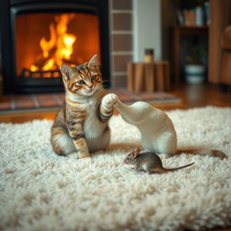 A warm and inviting living room scene featuring a cozy soft rug placed near a crackling fireplace