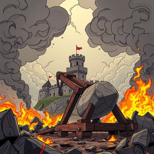 A majestic wooden catapult launching a massive stone towards a medieval fortress in the background