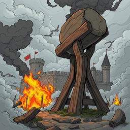 A majestic wooden catapult launching a massive stone towards a medieval fortress in the background