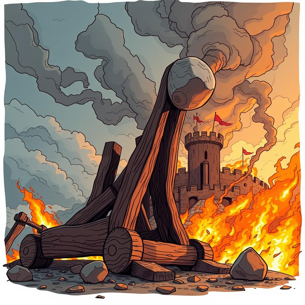 A majestic wooden catapult launching a massive stone towards a medieval fortress in the background