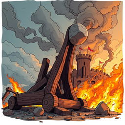 A majestic wooden catapult launching a massive stone towards a medieval fortress in the background