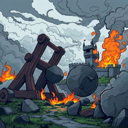 A majestic wooden catapult launching a massive stone towards a medieval fortress in the background