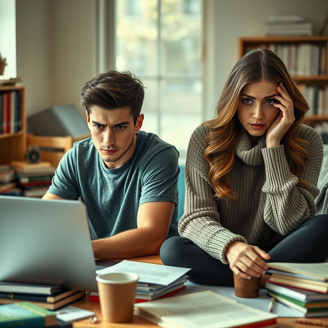 A scene depicting two university students, one male and one female, showcasing expressions of anxiety and concern