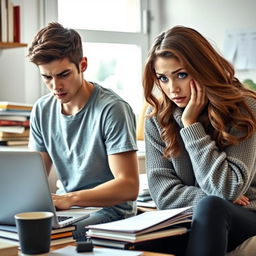 A scene depicting two university students, one male and one female, showcasing expressions of anxiety and concern
