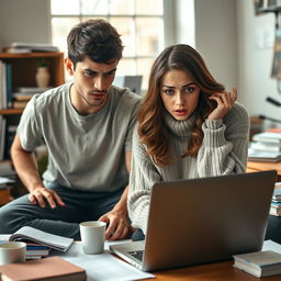 A scene depicting two university students, one male and one female, showcasing expressions of anxiety and concern