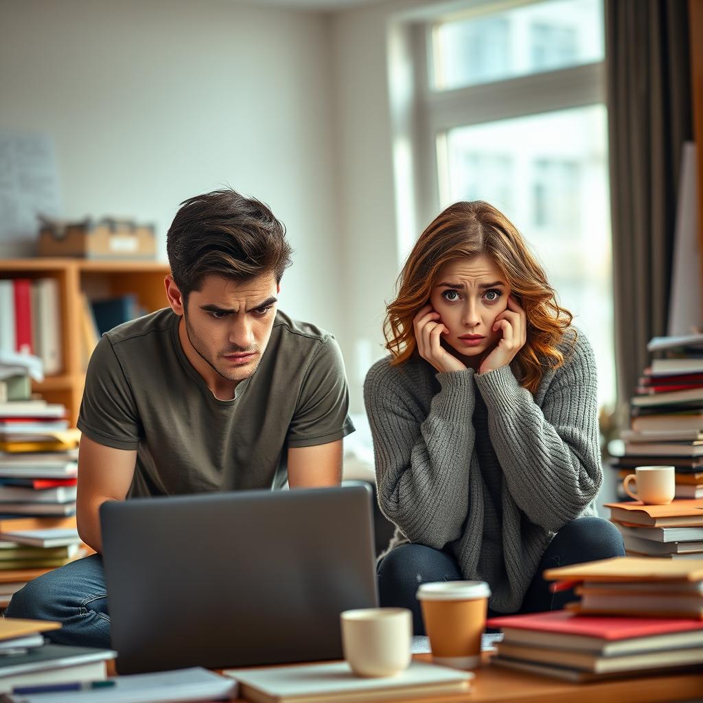 A scene depicting two university students, one male and one female, showcasing expressions of anxiety and concern
