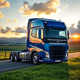 A stunning Volvo FH truck parked majestically on a picturesque roadside during sunset