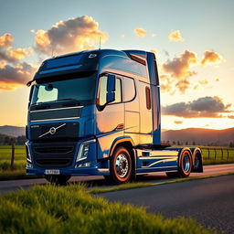 A stunning Volvo FH truck parked majestically on a picturesque roadside during sunset