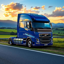 A stunning Volvo FH truck parked majestically on a picturesque roadside during sunset