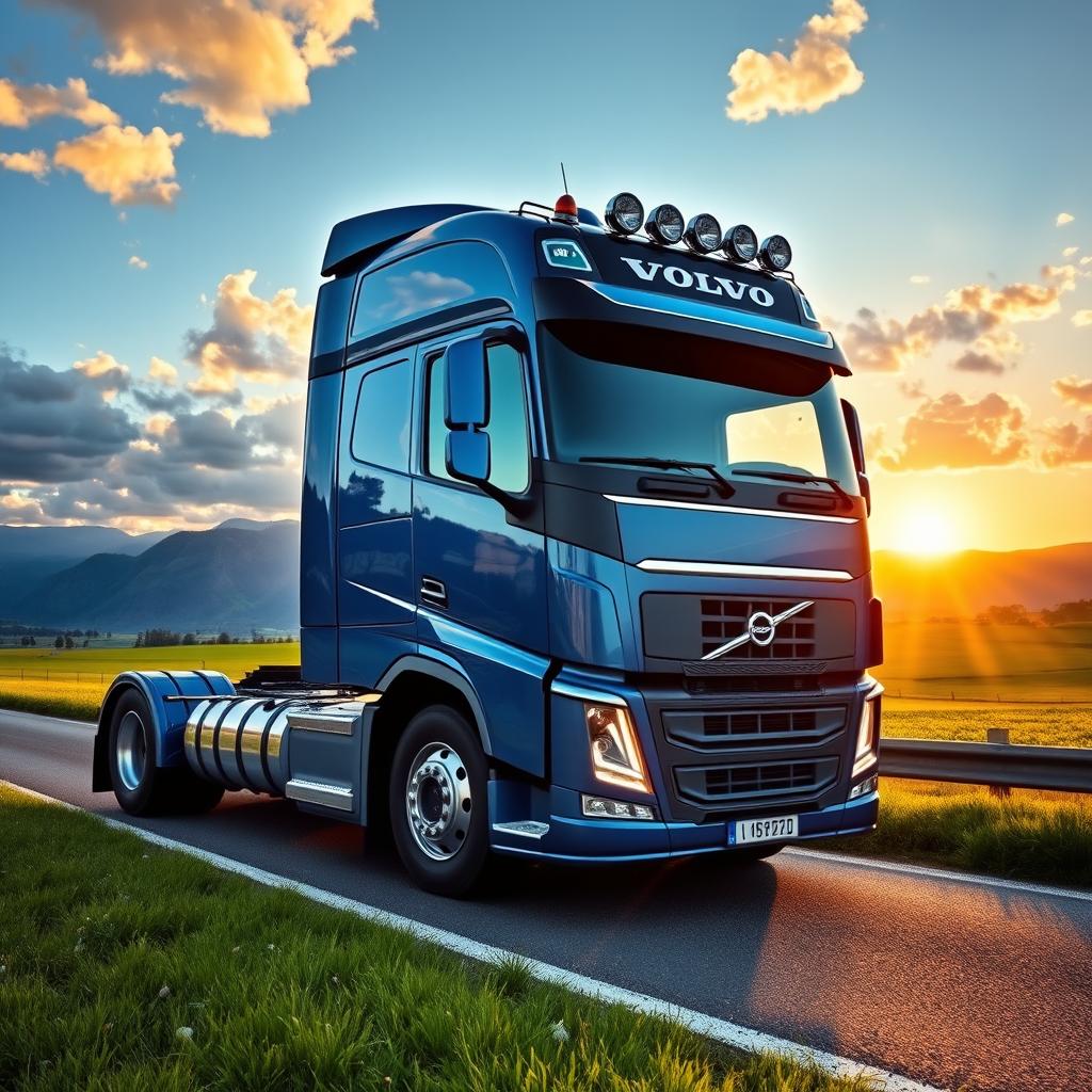A stunning Volvo FH truck parked majestically on a picturesque roadside during sunset
