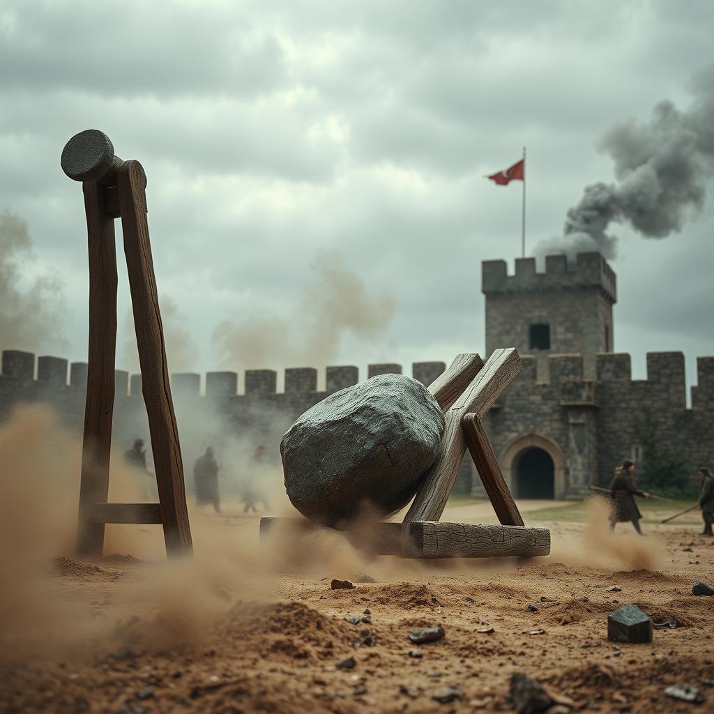 A dramatic scene of a mighty wooden catapult launching a large stone towards a medieval fortress in the background