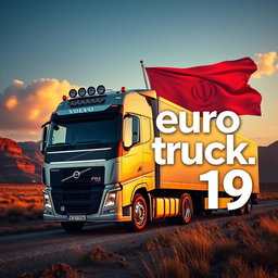 A Volvo FH trailer parked on a scenic landscape, with a large flag of Cyrus the Great prominently displayed in the background