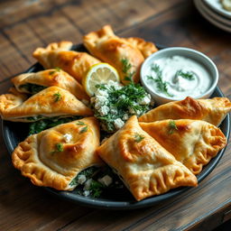 A beautifully arranged platter of Spanakopita, featuring golden brown, flaky pastry triangles filled with a vibrant spinach and feta cheese mixture, garnished with fresh dill and lemon wedges