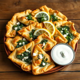 A beautifully arranged platter of Spanakopita, featuring golden brown, flaky pastry triangles filled with a vibrant spinach and feta cheese mixture, garnished with fresh dill and lemon wedges