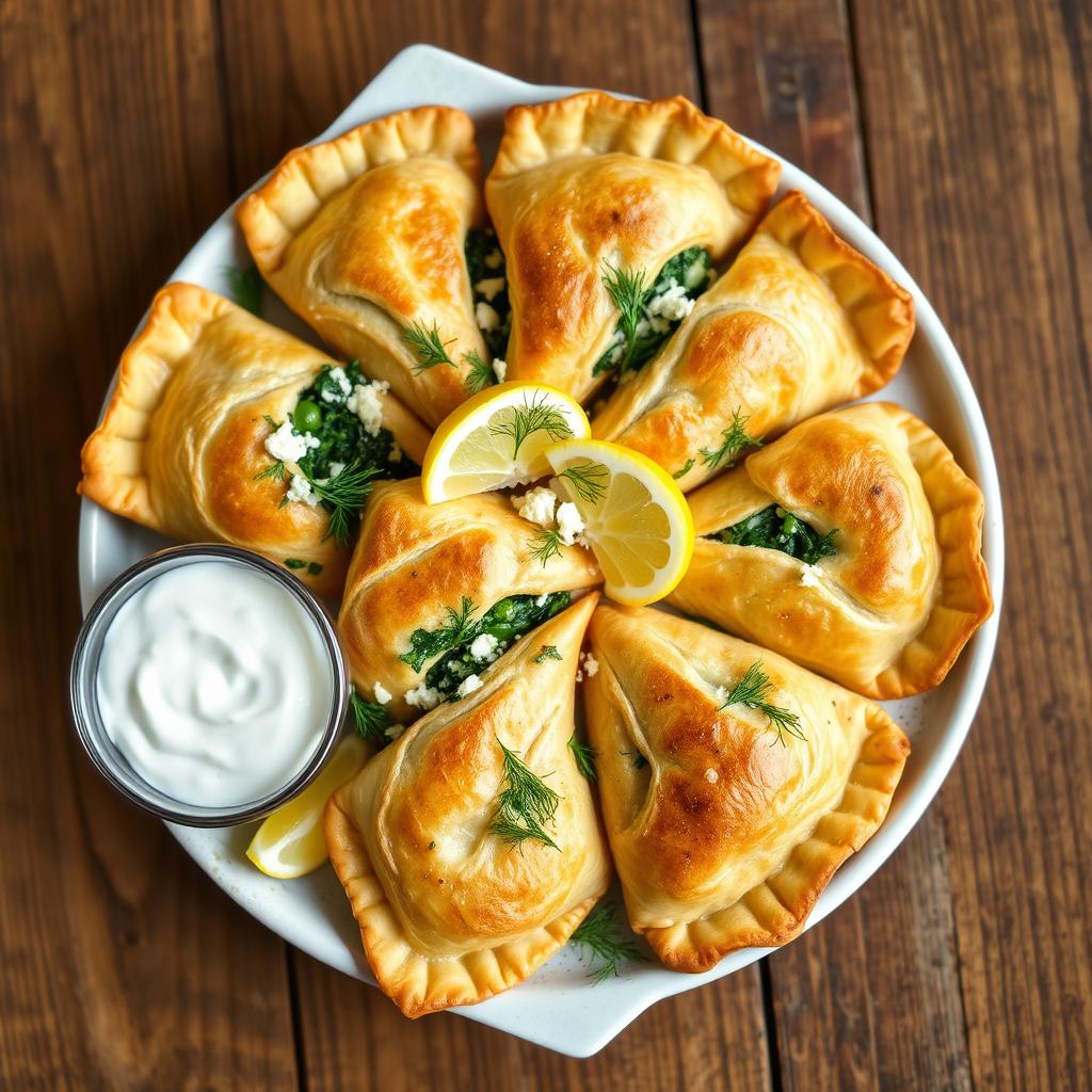 A beautifully arranged platter of Spanakopita, featuring golden brown, flaky pastry triangles filled with a vibrant spinach and feta cheese mixture, garnished with fresh dill and lemon wedges