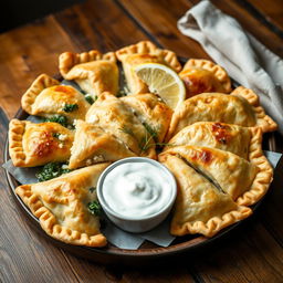 A beautifully arranged platter of Spanakopita, featuring golden brown, flaky pastry triangles filled with a vibrant spinach and feta cheese mixture, garnished with fresh dill and lemon wedges