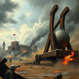 A majestic wooden catapult loaded with a large stone poised for attack on the left part of the scene, targeting a medieval fortress situated in the background