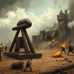 A majestic wooden catapult loaded with a large stone poised for attack on the left part of the scene, targeting a medieval fortress situated in the background