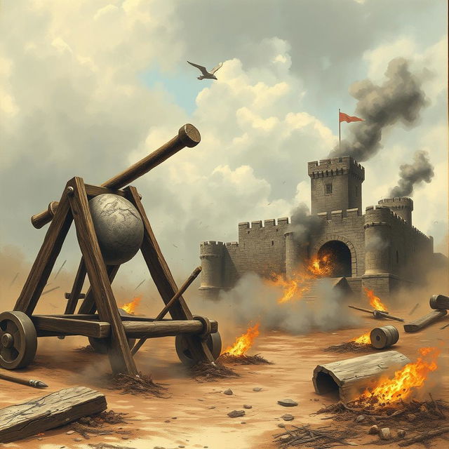 A majestic wooden catapult loaded with a large stone poised for attack on the left part of the scene, targeting a medieval fortress situated in the background