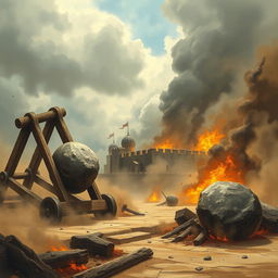 A majestic wooden catapult loaded with a large stone poised for attack on the left part of the scene, targeting a medieval fortress situated in the background