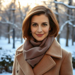 An elegant Russian woman aged 45 to 50 with beautiful hair styled in a fashionable and modern cut