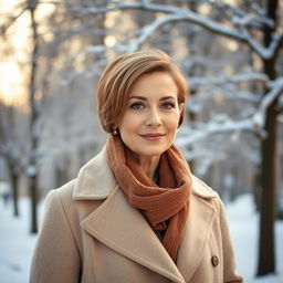 An elegant Russian woman aged 45 to 50 with beautiful hair styled in a fashionable and modern cut