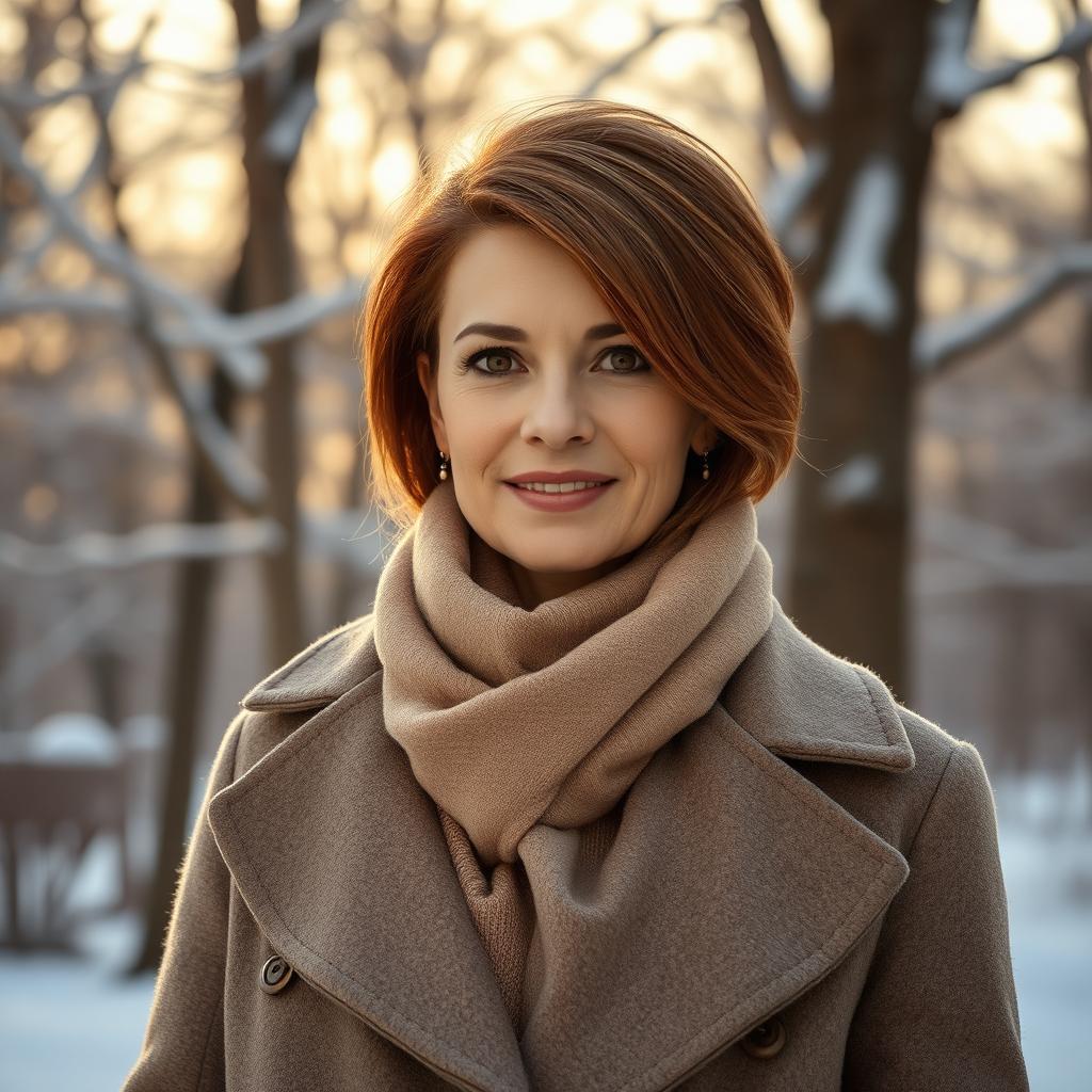 An elegant Russian woman aged 45 to 50 with beautiful hair styled in a fashionable and modern cut