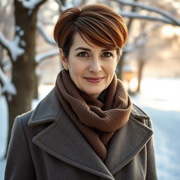 An elegant Russian woman aged 45 to 50 with beautiful hair styled in a fashionable and modern cut