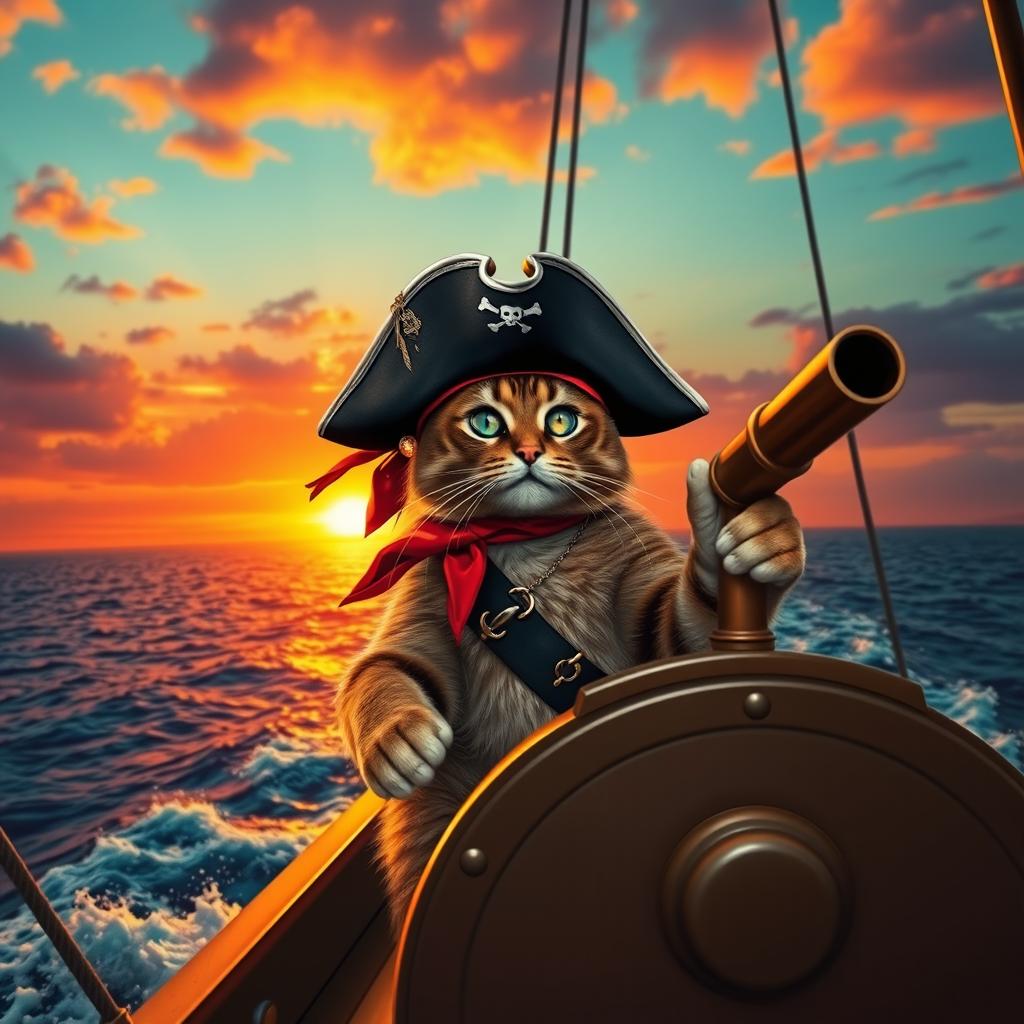 A dramatic scene of a pirate ship sailing majestically on the open sea, illuminated by the fiery colors of a stunning sunset
