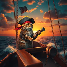 A dramatic scene of a pirate ship sailing majestically on the open sea, illuminated by the fiery colors of a stunning sunset