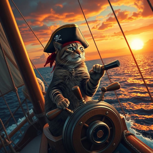 A dramatic scene of a pirate ship sailing majestically on the open sea, illuminated by the fiery colors of a stunning sunset