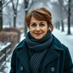 An attractive Russian woman aged 45 to 50 displaying a fashionable hairstyle that is elegantly styled