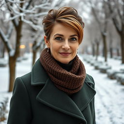 An attractive Russian woman aged 45 to 50 displaying a fashionable hairstyle that is elegantly styled