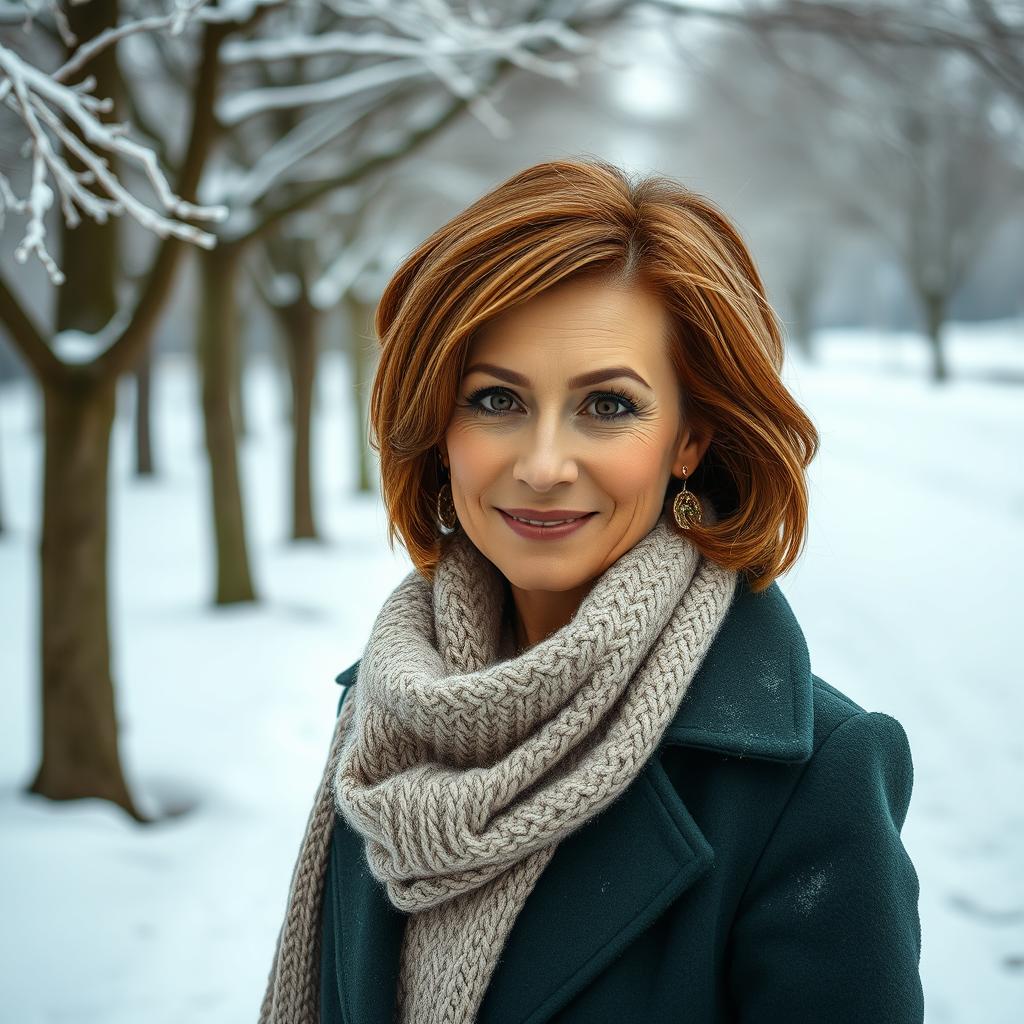 An attractive Russian woman aged 45 to 50 displaying a fashionable hairstyle that is elegantly styled