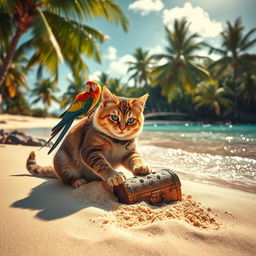A picturesque sandy beach on a tropical island, adorned with swaying palm trees and shimmering, crystal-clear water gently lapping at the shore