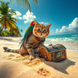 A picturesque sandy beach on a tropical island, adorned with swaying palm trees and shimmering, crystal-clear water gently lapping at the shore