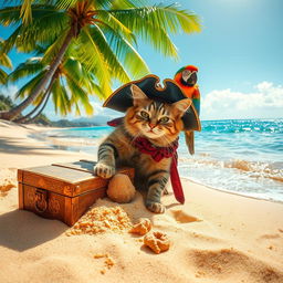 A picturesque sandy beach on a tropical island, adorned with swaying palm trees and shimmering, crystal-clear water gently lapping at the shore