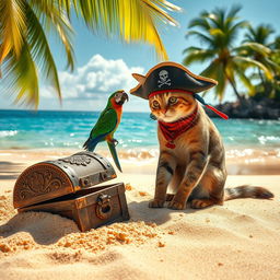 A picturesque sandy beach on a tropical island, adorned with swaying palm trees and shimmering, crystal-clear water gently lapping at the shore