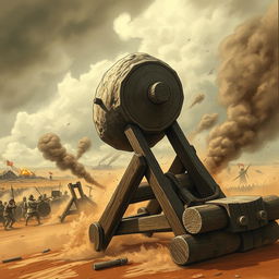 A powerful wooden catapult loaded with a massive stone, launching into action amidst a chaotic battlefield