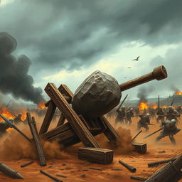 A powerful wooden catapult loaded with a massive stone, launching into action amidst a chaotic battlefield
