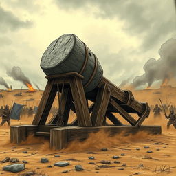 A powerful wooden catapult loaded with a massive stone, launching into action amidst a chaotic battlefield