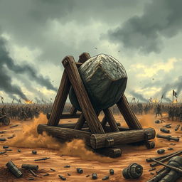 A powerful wooden catapult loaded with a massive stone, launching into action amidst a chaotic battlefield