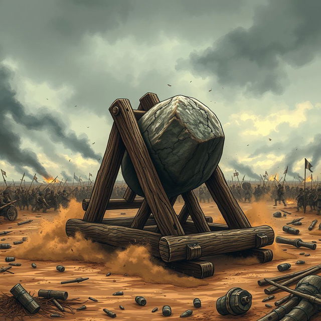 A powerful wooden catapult loaded with a massive stone, launching into action amidst a chaotic battlefield