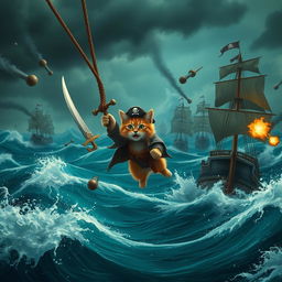 An intense and chaotic pirate ship battle unfolding in the midst of a stormy sea, with towering waves and dark ominous clouds overhead