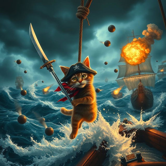 An intense and chaotic pirate ship battle unfolding in the midst of a stormy sea, with towering waves and dark ominous clouds overhead