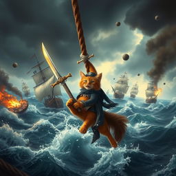 An intense and chaotic pirate ship battle unfolding in the midst of a stormy sea, with towering waves and dark ominous clouds overhead