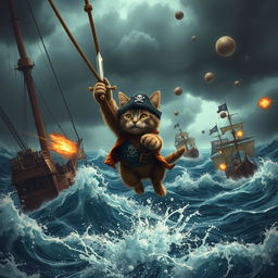 An intense and chaotic pirate ship battle unfolding in the midst of a stormy sea, with towering waves and dark ominous clouds overhead