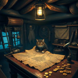 Inside the dimly lit cabin of a pirate ship, an atmosphere of mystery and adventure pervades the space